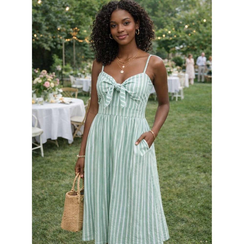 Old Navy Midi Dress Cotton Rayon Striped Peasant Coastal Green Large Tall